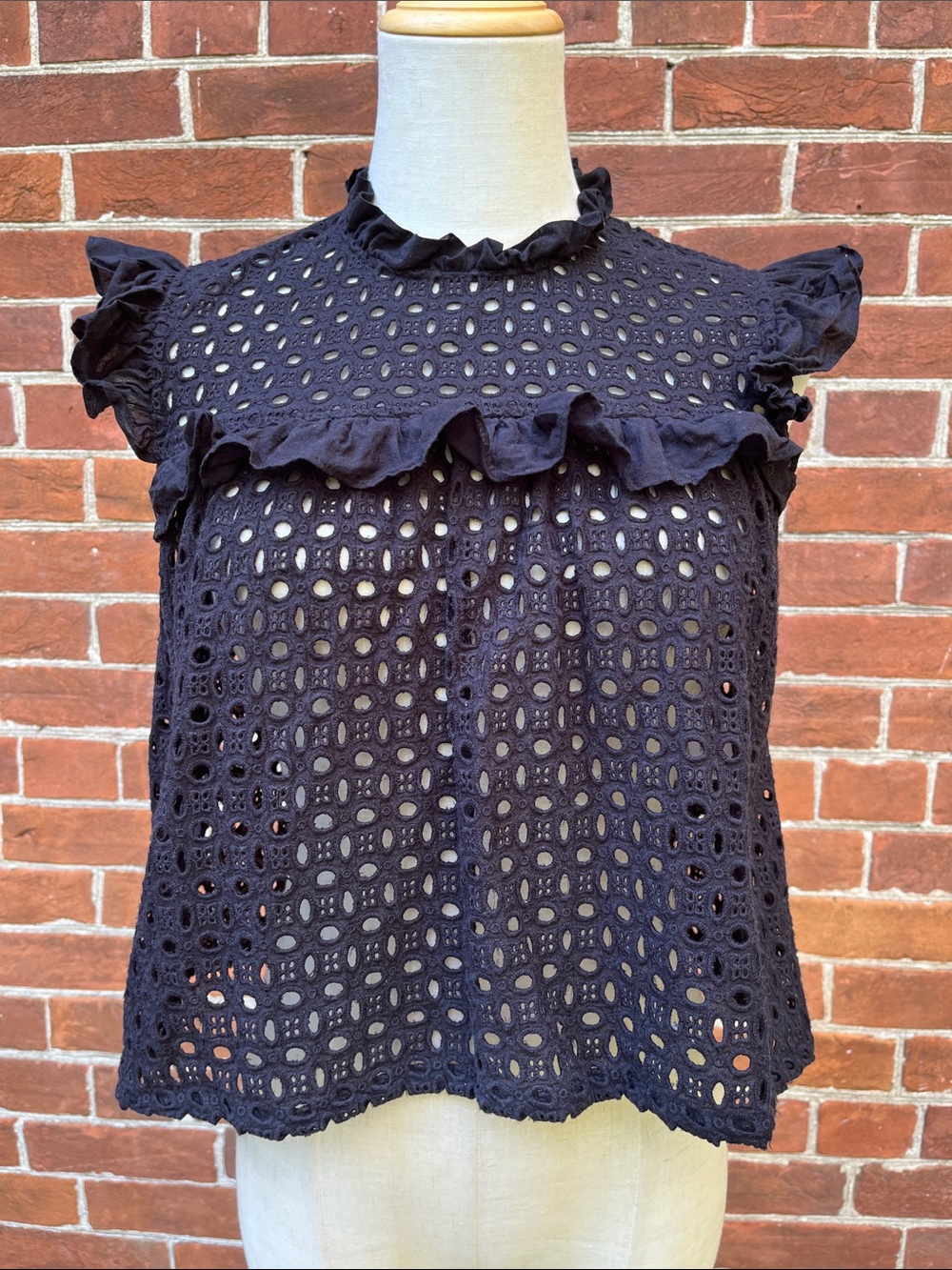 Anine Bing Black Eyelet Ruffle Mock-Neck Camisole